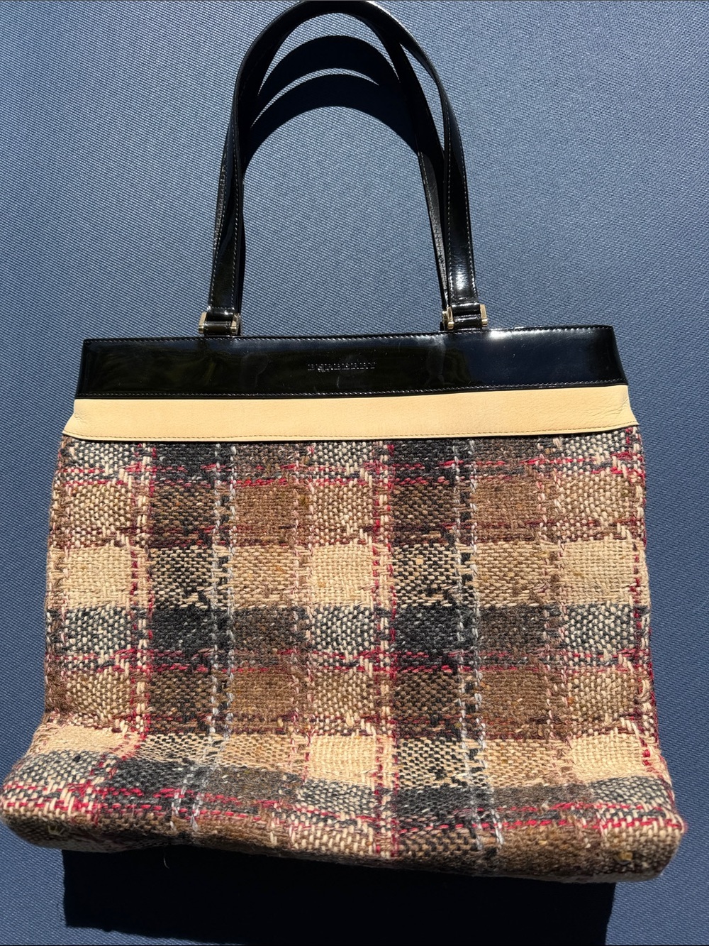 Burberry Tweed Tote with Black Patent Trim and Cream Band